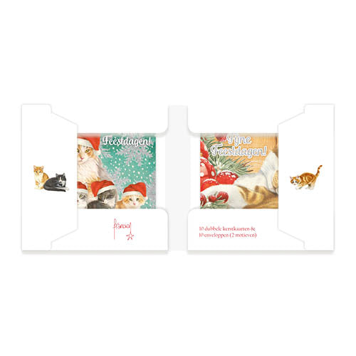 Katten kerstkaarten 10 stuks | Poes met 4 kittens – Rood wit kitten