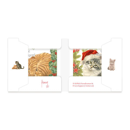 Katten kerstkaarten 10 stuks | Rode kat tussen hulst – Kitten met kerstmuts