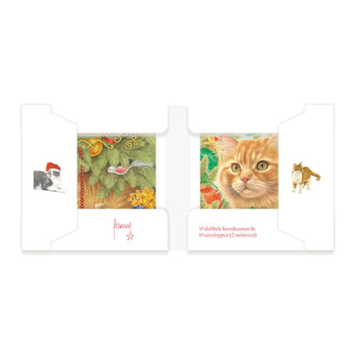 Katten kerstkaarten 10 stuks | Rode kat onder kerstboom – Rode kat en kerstballen