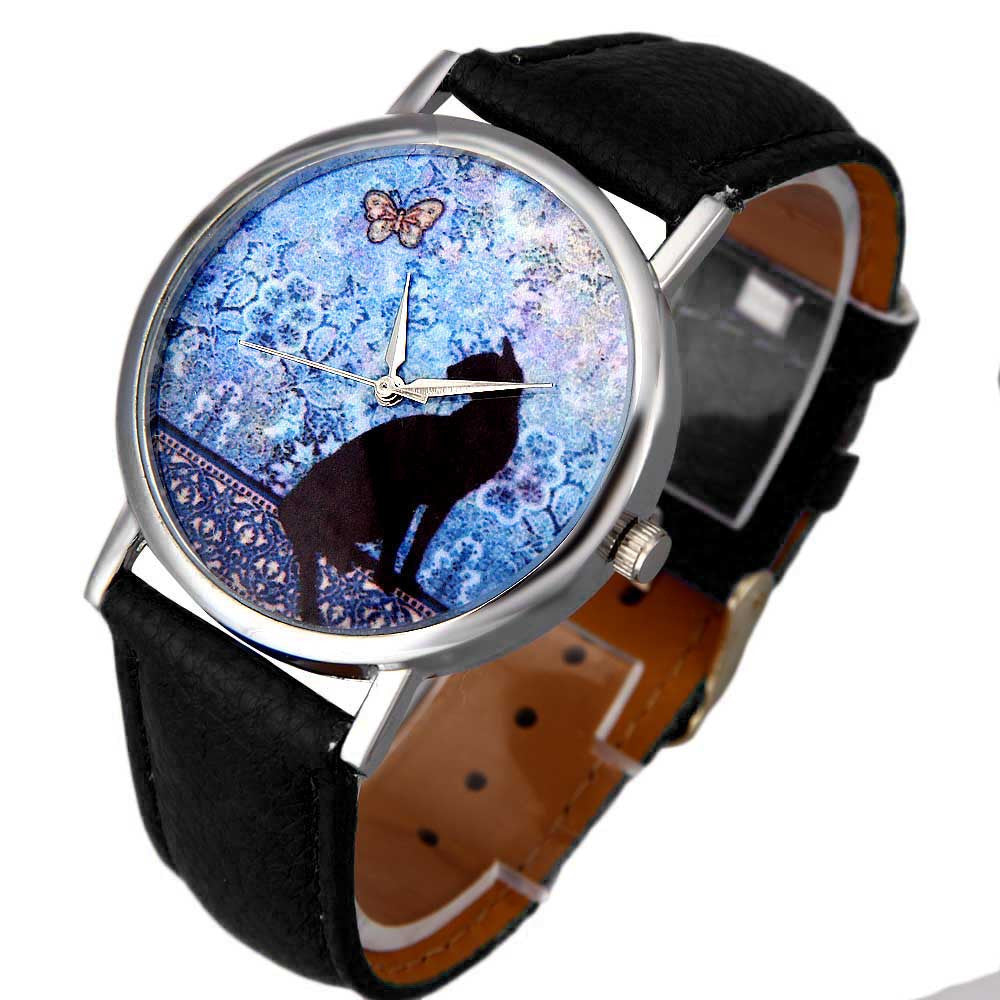 The Happy Catshop | Katten horloge "Bloemen & Vlinder' | Zwart