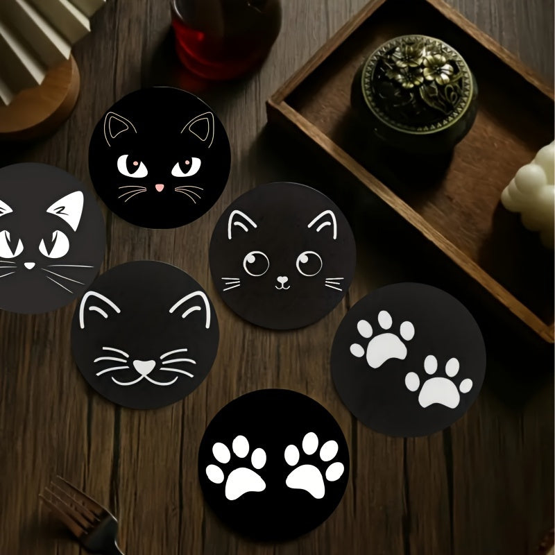 Set van 6 zwarte houten katten onderzetters – met witte kattenpootjes en kattenkoppen