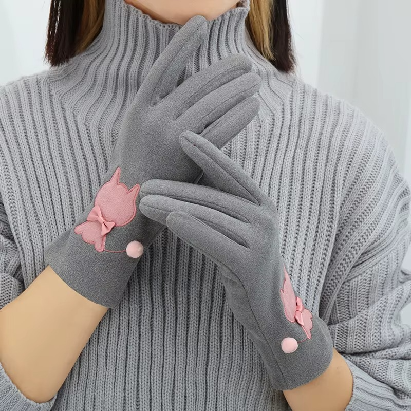 Katten handschoenen touchscreen Grijs "Kat met strikje"