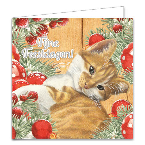Katten kerstkaarten 10 stuks | Poes met 4 kittens – Rood wit kitten