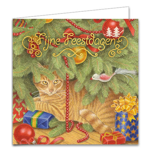 Katten kerstkaarten 10 stuks | Rode kat onder kerstboom – Rode kat en kerstballen
