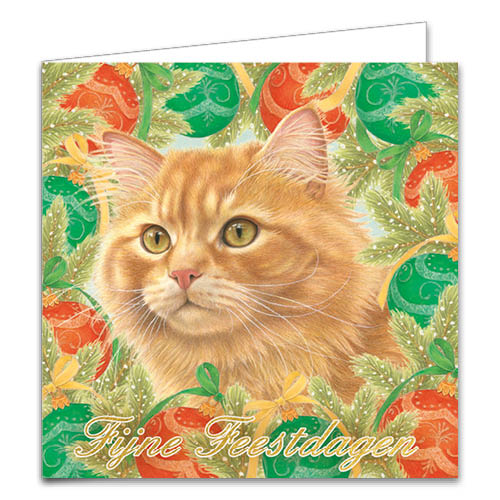 Katten kerstkaarten 10 stuks | Rode kat onder kerstboom – Rode kat en kerstballen