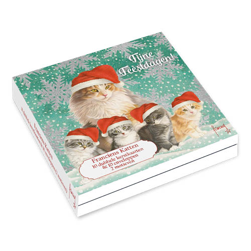 Katten kerstkaarten 10 stuks | Poes met 4 kittens – Rood wit kitten