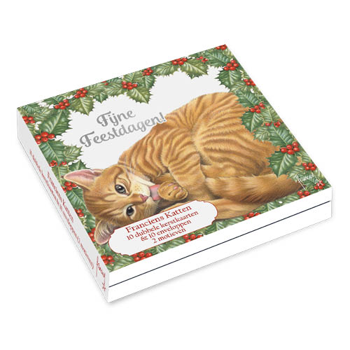 Katten kerstkaarten 10 stuks | Rode kat tussen hulst – Kitten met kerstmuts