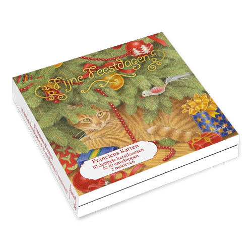 Katten kerstkaarten 10 stuks | Rode kat onder kerstboom – Rode kat en kerstballen