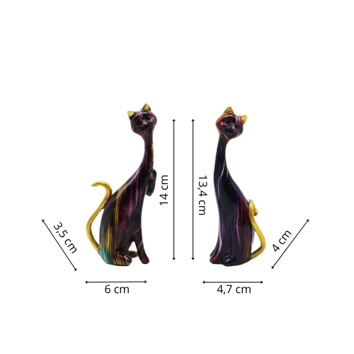Kattenbeeldjes set 2 stuks met gekleurde lijnen en gouden oren en staart