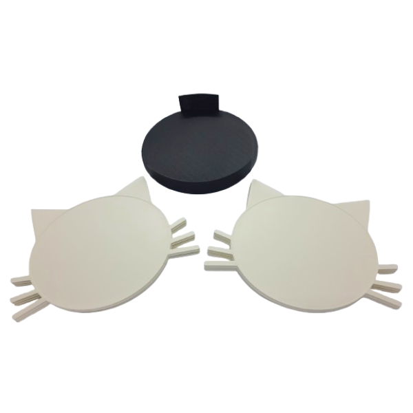 Katten onderzetters 6 stuks wit in zwarte houder 3D geprint
