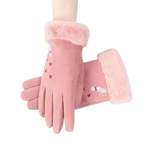 Handschoenen touchscreen Roze "Geborduurde kat met hartjes"