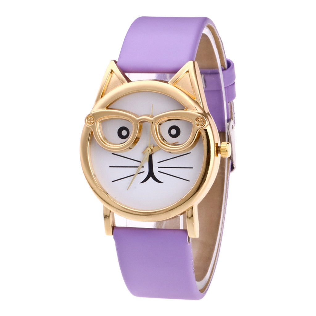 Kattenhorloge kat met bril, paars PU-leren bandje