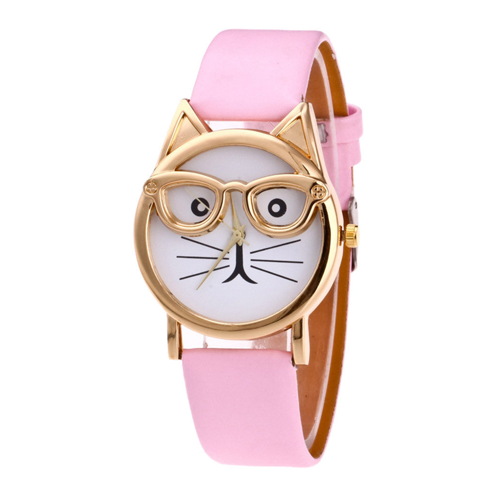 Kattenhorloge kat met bril, roze PU-leren bandje