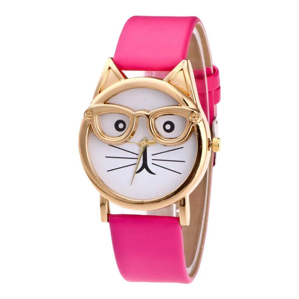 Kattenhorloge kattensnoet met bril, fuchsia PU-leren bandje