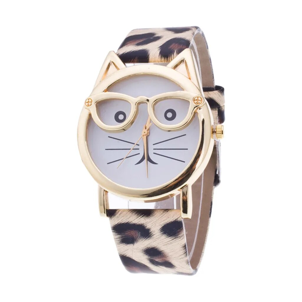 Kattenhorloge kattensnoet met bril, luipaard PU-leren bandje
