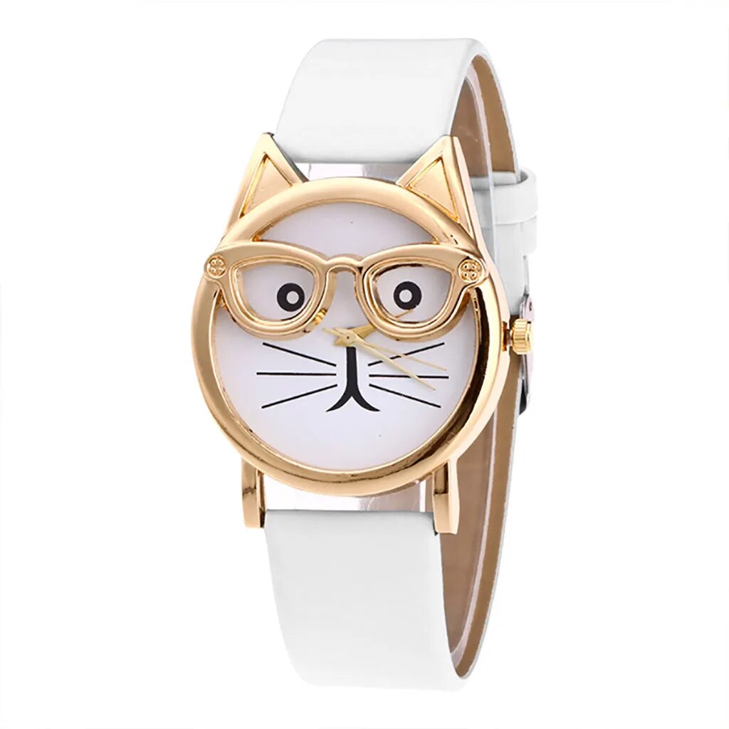 Kattenhorloge kattensnoet met bril, wit PU-leren bandje