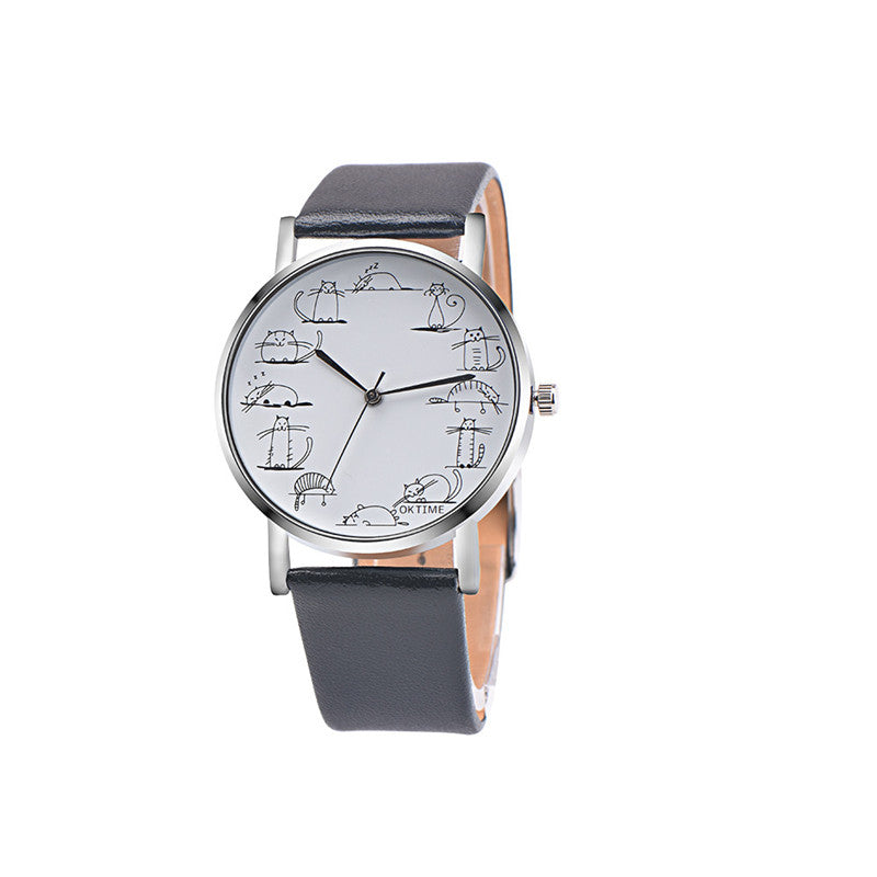Kattenhorloge zwart met PU-leren bandje en 12 verschillende katten op de wijzerplaat