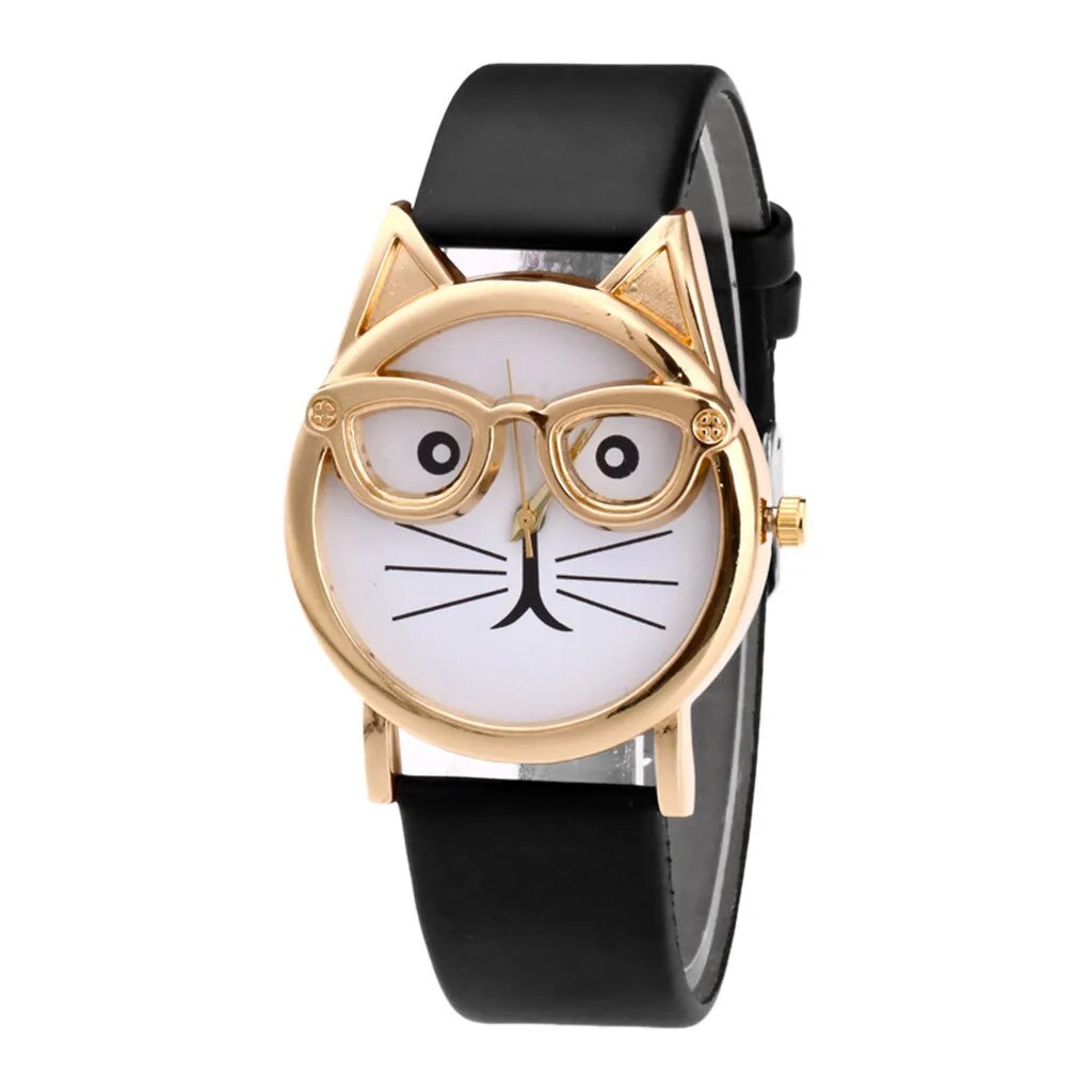 Kattenhorloge kattensnoet met bril, zwart PU-leren bandje