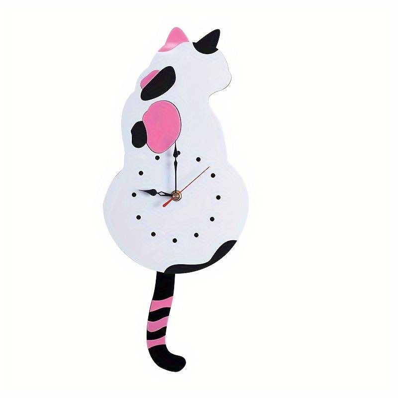 Kattenklok wit met roze en zwarte vlekken met bewegende staart, stille klok