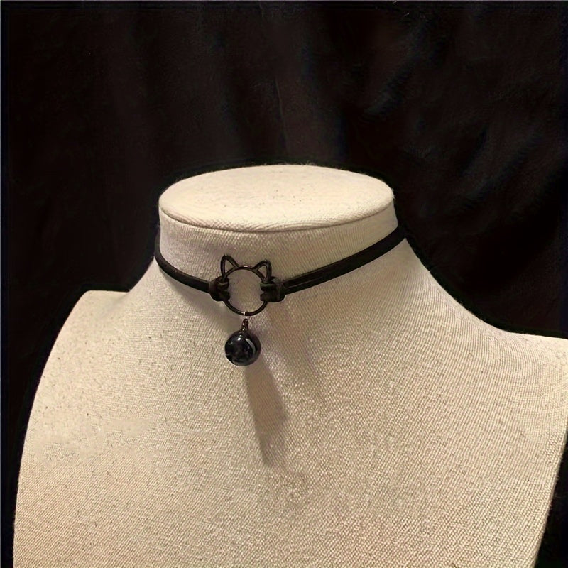 Choker ketting kattenkop en kattenbelletje zwart