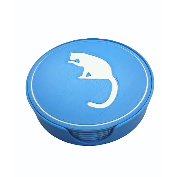 Katten onderzetters rond 6 stuks 3D geprint - blauw met 3 verschillende witte katten silhouetten in blauw opbergbakje