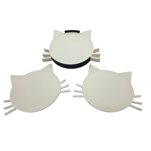 Katten onderzetters wit 3d geprint in kattenkop vorm, 6 stuks in zwart bakje