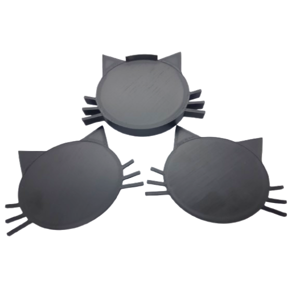 Katten onderzetters zwart 3d geprint in kattenkop vorm, 6 stuks in zwart bakje