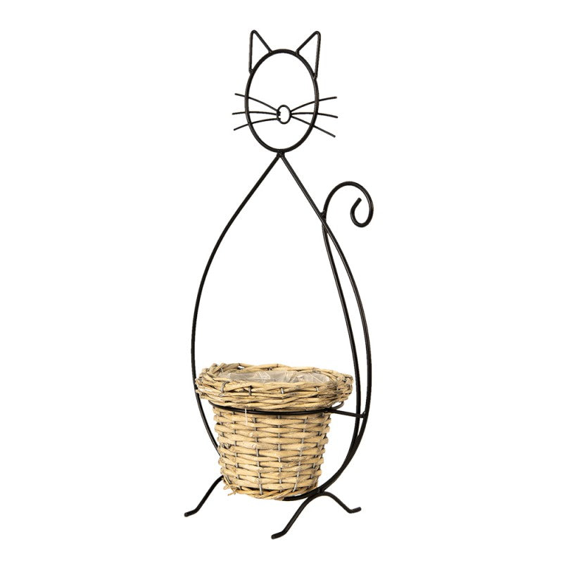 The Happy Cat Shop | Katten plantenhouder zwart met rotan mandje