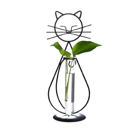 Katten vaas metalen kat 28,5 cm met glazen bloembuisje