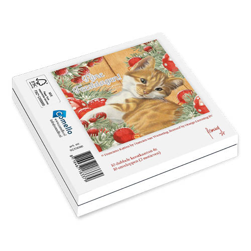 Katten kerstkaarten 10 stuks | Poes met 4 kittens – Rood wit kitten