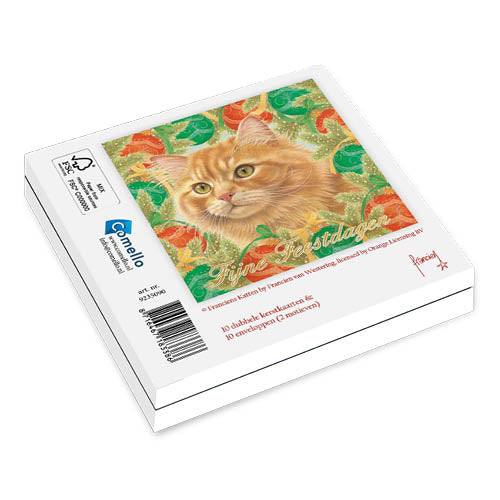 Katten kerstkaarten 10 stuks | Rode kat onder kerstboom – Rode kat en kerstballen