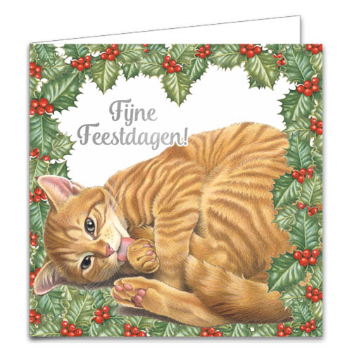 Katten kerstkaarten 10 stuks | Rode kat tussen hulst – Kitten met kerstmuts