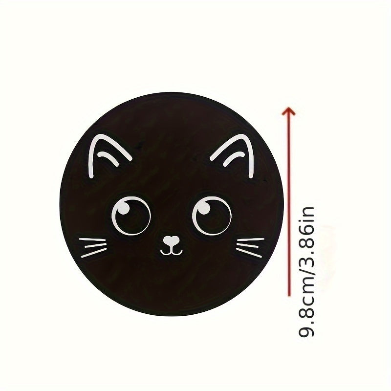 Set van 6 zwarte houten katten onderzetters – afbeelding toont één onderzetter met witte kattenkop, diameter 10 cm