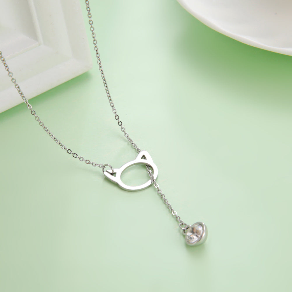 Ketting zilver kattenkop met zirkonia speelballetje
