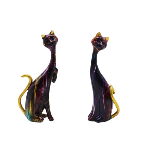 Set van 2 katten beeldjes met gekleurde lijnen en gouden staart en oortjes