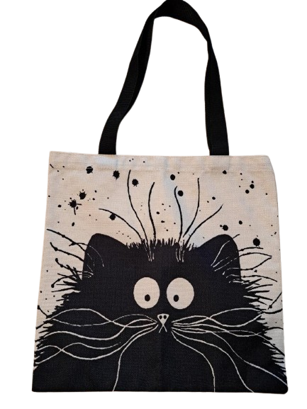 The Happy Cat Shop | Linnen katten tas "Meneer Snorhaar" Zwarte kat