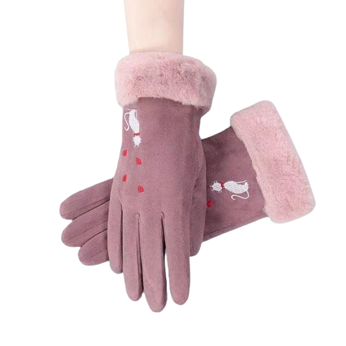 Handschoenen touchscreen Paars "Geborduurde kat met hartjes"