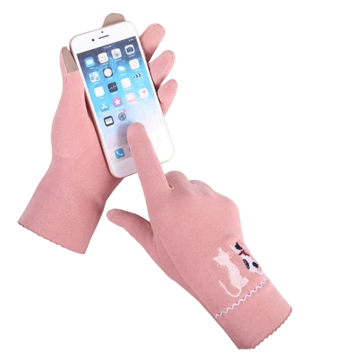 Touchscreen handschoenen grijs met 2 geborduurde katjes