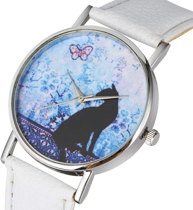 The Happy Catshop | Katten horloge "Bloemen & Vlinder' | Wit