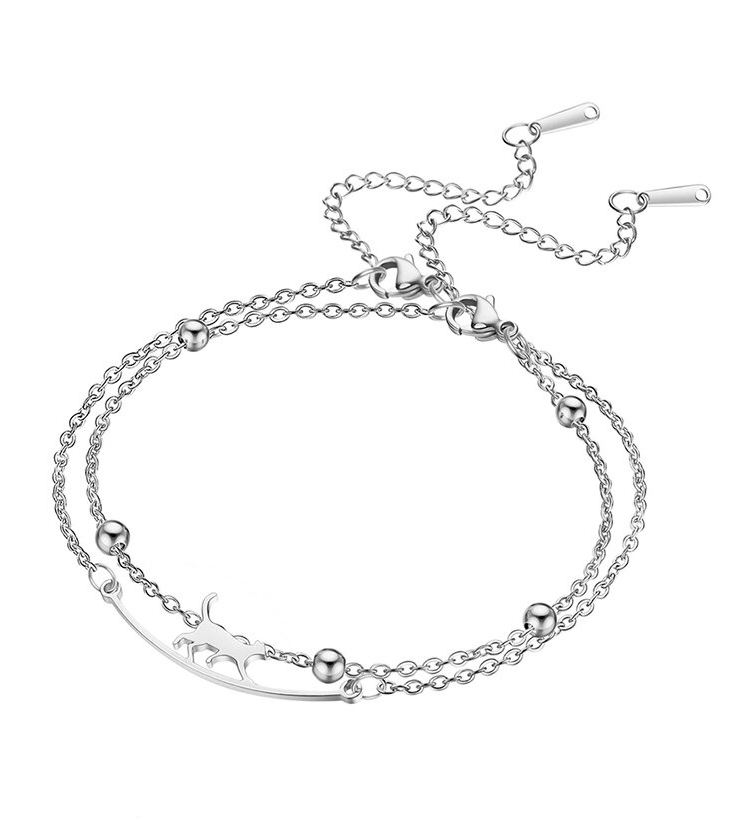Dubbele armband zilver in 2 delen. Ene deel kat die wandelt op een randje, het andere deel met balletjes.