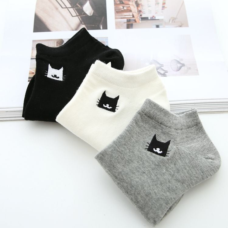 Sneakersokken grijs met zwarte kattenkop
