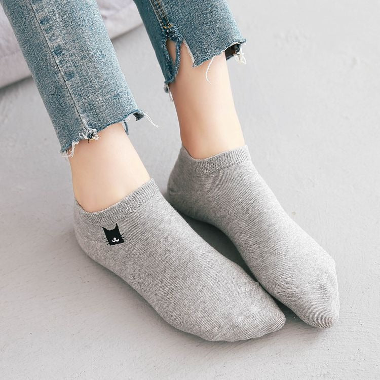 Sneakersokken grijs met zwarte kattenkop
