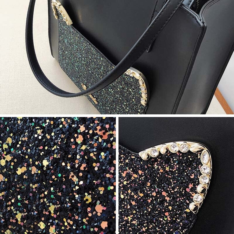 Handtas / schoudertas kattenkop "Magic glitter" | Zwart