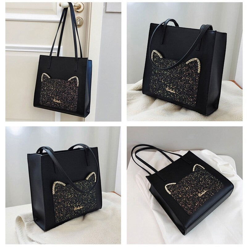 Handtas / schoudertas kattenkop "Magic glitter" | Zwart