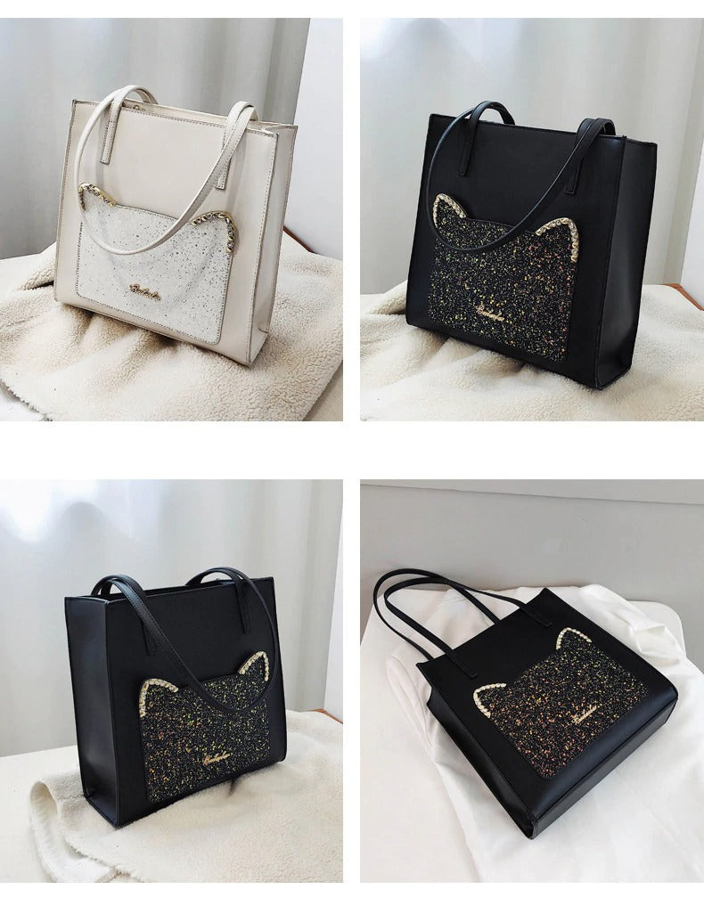 Handtas / schoudertas kattenkop "Glitter" | Beige