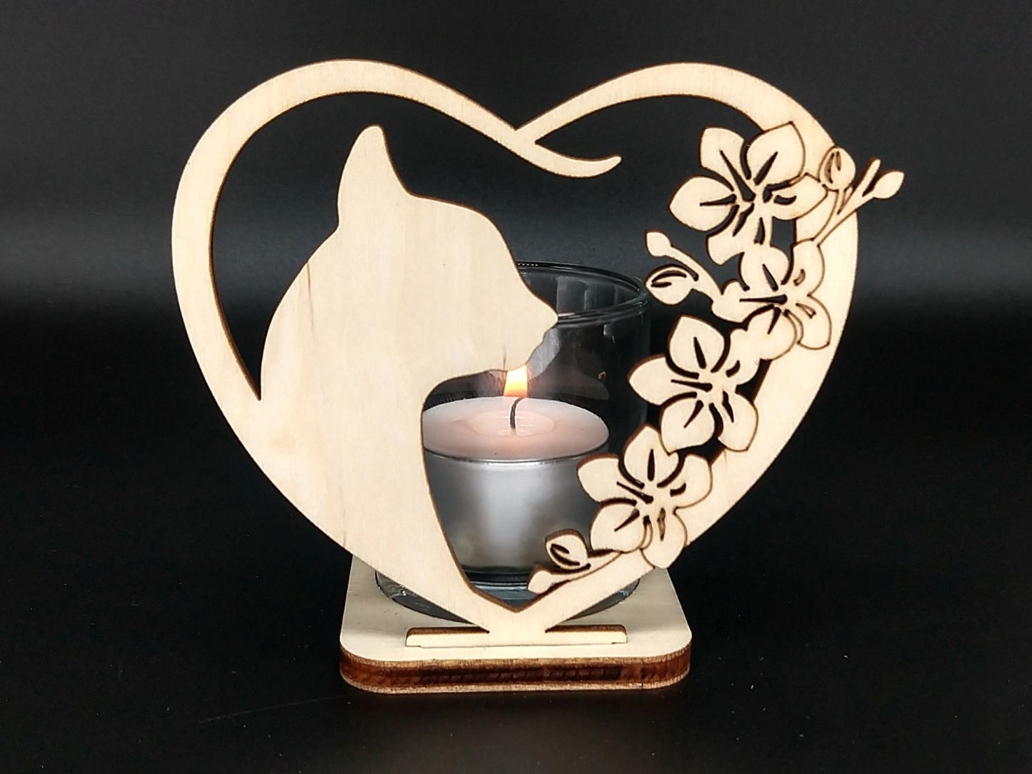 The Happy Cat Shop | Katten waxinelichthouder blank berken met glaasje
