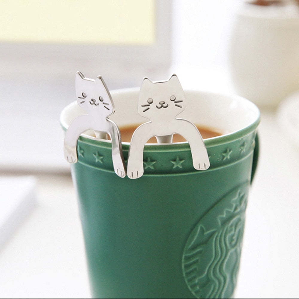 The Happy Cat Shop | Katten theelepel "Just Chilling" set 4 stuks zilver