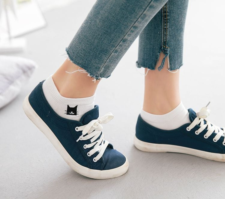 Sneakersokken zwart met witte kattenkop