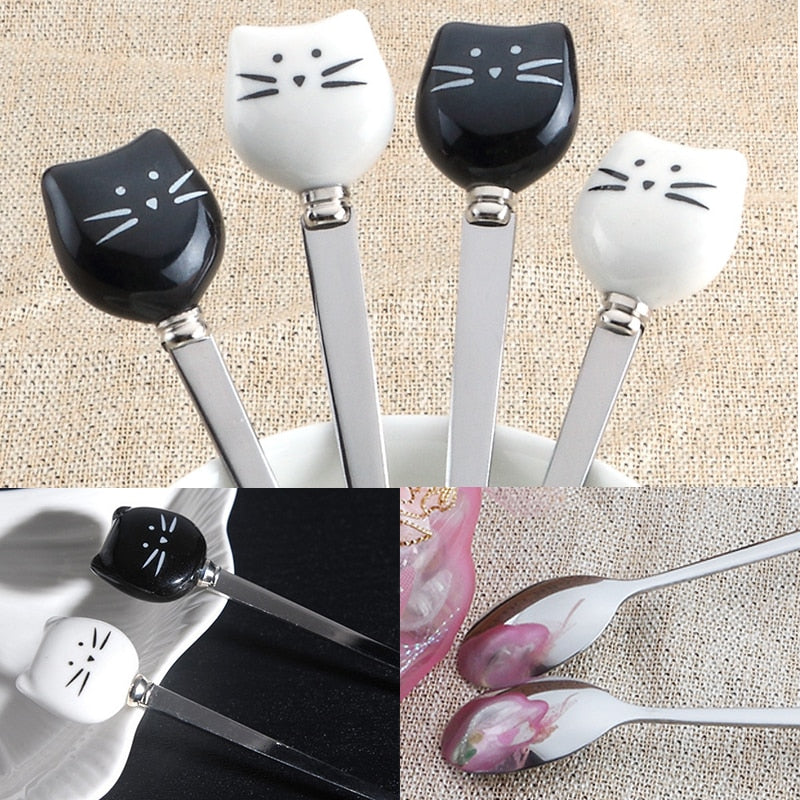 The Happy Cat Shop | Katten theelepel met kattenkop van keramiek | 4 stuks 😻