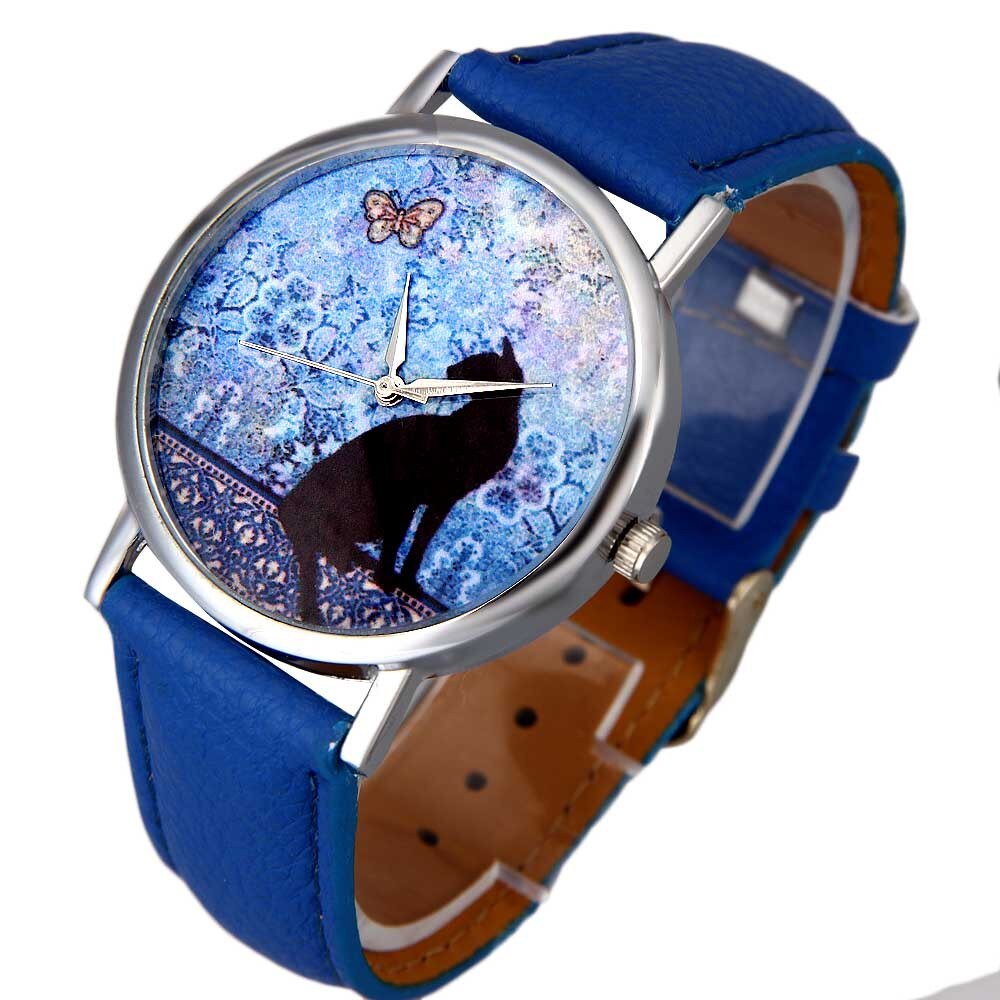 The Happy Catshop | Katten horloge "Bloemen & Vlinder' | Blauw